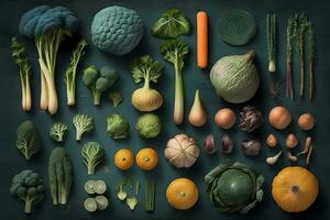 ai generato verdure diverso piatto posizione. cibo concetto. neurale Rete ai generato foto