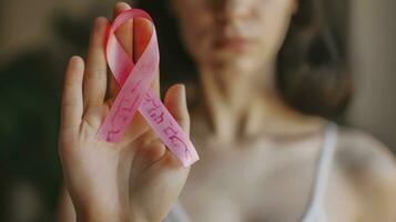 ai generato ottobre Seno cancro consapevolezza mese, donna con mano Tenere rosa nastro per supporto persone vivente e malattia. assistenza sanitaria, mondo cancro giorno concetto. foto