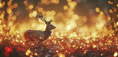 ai generato Natale sfondo con un' Natale cervo, nel il stile di travolgente leggero effetti, rosso e ambra, movimento sfocatura panorama, glitterato e brillante. foto