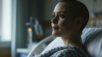 ai generato donna con un' Calvo testa nel un' ospedale letto mondo cancro giorno concetto. foto