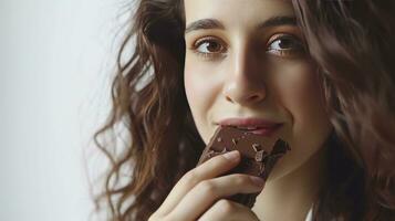 ai generato giovane donna mangiare dolce cioccolato bar su bianca sfondo foto