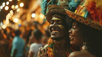 ai generato brasiliano carnevale. coppia nel costume godendo il carnevale festa nel il città foto