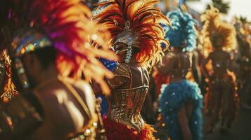 ai generato gruppo di un' sexy ragazze nel un' colorato sontuoso carnevale piuma completo da uomo. foto