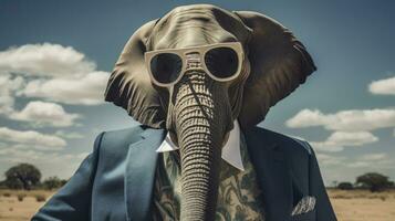 ai generato elefante è indossare un' completo da uomo e occhiali da sole foto