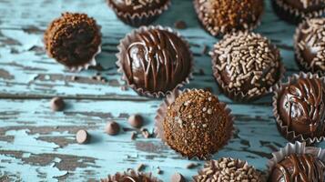 ai generato Brigadeiro nel carta le forme su blu di legno sfondo, vicino su foto