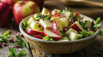 ai generato messicano Natale Mela insalata. nel Messico esso è chiamato ensalada de manzana. il Mela insalata è un facile e Presto ricetta, esso è un' piatto quello non può essere mancante a messicano Natale cena. foto