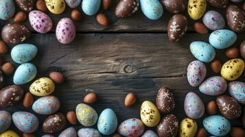 ai generato superiore giù Visualizza di un Pasqua confine telaio di di pettirosso uova e cioccolato uova con copia spazio nel il mezzo foto