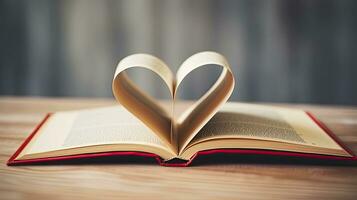 ai generato libro nel cuore forma festeggiare formazione scolastica e conoscenza su mondo libro giorno, San Valentino giorno e diritto d'autore giorno foto