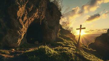 ai generato tomba vuoto con sudario e crocifissione a Alba - risurrezione di Gesù Cristo foto