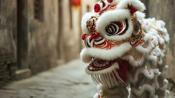 ai generato Cinese tradizionale Leone danza costume l'esecuzione a un' tempio nel Cina, lunare nuovo anno celebrazione, Cinese nuovo anno foto