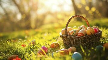 ai generato Pasqua dipinto uova nel cestino su erba nel soleggiato frutteto foto