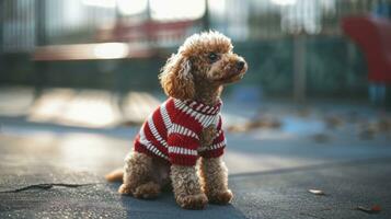 ai generato un adorabile Sorridi Marrone giocattolo barboncino assunzione un' immagine nel il scuola terreno di gioco indossare cucciolo vestito rosso e bianca maglione foto