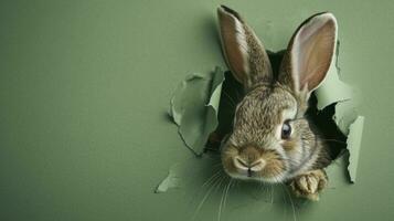 ai generato coniglietto sbirciando su di un' buco nel carta, soffice dalle orecchie coniglietto Pasqua coniglietto striscione, coniglio saltare su strappato buco. foto