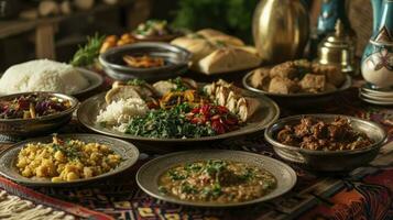 ai generato tradizionale pasto per iftar nel tempo di Ramadan foto