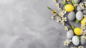 ai generato primavera fiori e Pasqua uovo con grigio calcestruzzo sfondo foto