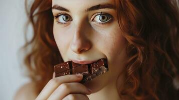 ai generato giovane donna mangiare dolce cioccolato bar su bianca sfondo foto