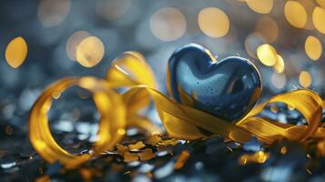 ai generato blu cuore, giallo nastro involucro in giro il cuore, su bokeh sfondo. foto