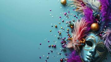 ai generato colorato mardi gras perline, piume e carnevale maschere su blu sfondo con copia spazio foto