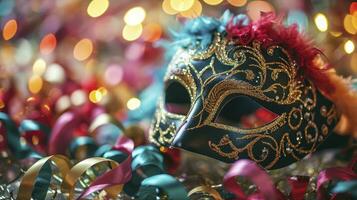 ai generato carnevale festa. veneziano maschera con colorato stella filante e fischio foto