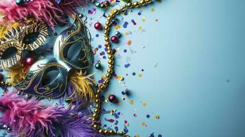 ai generato colorato mardi gras perline, piume e carnevale maschere su blu sfondo con copia spazio foto