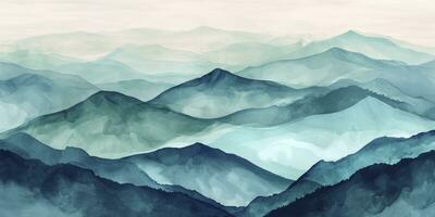 ai generato minimalista paesaggio arte sfondo con montagne e colline nel blu e verde colori. astratto bandiera nel orientale stile con acquerello struttura per arredamento, Stampa, sfondo foto