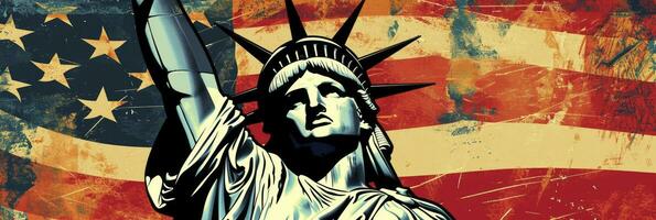 ai generato statua di libertà contro americano bandiera sfondo. luglio 4 indipendenza giorno. foto