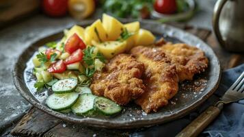 ai generato classico fritte cotoletta servito con Patata e cetriolo insalata su un' rustico moderno piatto foto