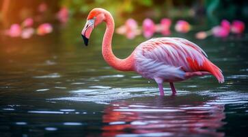 ai generato rosa fenicottero su il lago, rosa fenicottero nuoto su il acqua, avvicinamento di un' bellissimo rosa fenicottero foto
