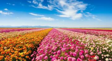 ai generato campo di fiori, fiori nel il campo, colorato fiori sotto il cielo, colorato fiori, fiori campo foto