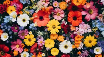 ai generato campo di fiori, fiori nel il campo, colorato fiori sotto il cielo, colorato fiori, fiori campo foto