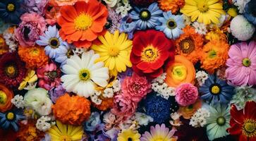 ai generato campo di fiori, fiori nel il campo, colorato fiori sotto il cielo, colorato fiori, fiori campo foto