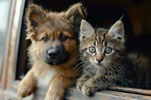 ai generato contento cane e gatto insieme nel auto guardare su di il finestra. estate vocazione viaggio foto