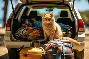 ai generato divertente gatto andando su vacanza, gatto viaggio concetto, ai generativo foto