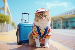 ai generato divertente gatto andando su vacanza, gatto viaggio concetto, ai generativo foto