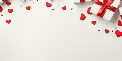 ai generato San Valentino giorno sfondo con regalo scatole e rosso cuori. 3d interpretazione generato ai foto