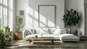 ai generato bianca vivente camera interno design con divano minimo estetico 3d reso foto