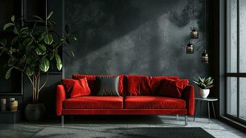 ai generato vivente camera interno design con divano minimo estetico rosso velluto 3d reso foto