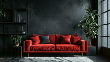 ai generato vivente camera interno design con divano minimo estetico rosso velluto 3d reso foto