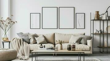 ai generato vivente camera interno design con divano minimo estetico 3d reso foto