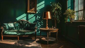 ai generato vivente camera interno design con divano minimo estetico leggero verde velluto 3d reso foto