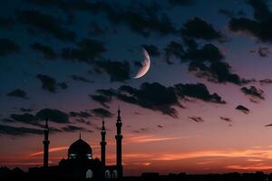ai generato islamico sfondo di silhouette islamico moschea a notte con Luna su blu cielo foto