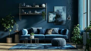 ai generato vivente camera interno design con divano minimo estetico blu velluto 3d reso foto