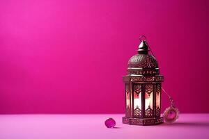 ai generato Arabo lanterna raggiante su magenta sfondo santo mese Ramadan kareem foto