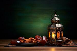 ai generato ornamentale Arabo lanterna raggiante su tavolo per musulmano santo mese Ramadan kareem foto
