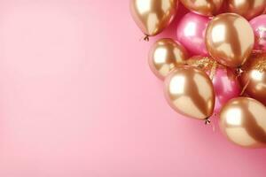 ai generato d'oro palloncini con nastri su rosa sfondo foto