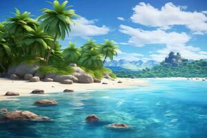 ai generato bellissimo tropicale spiaggia con palma alberi e fiori foto