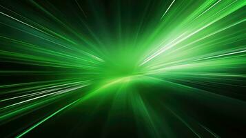 ai generato astratto verde raggi su un' nero sfondo con un' velocità movimento sfocatura foto