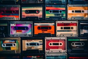 ai generato impostato di vecchio Audio cassette su rosso sfondo. alto qualità foto