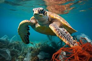 ai generato verde mare tartaruga impigliato nel un' scartato pesca rete. problema di oceano inquinamento. plastica foto