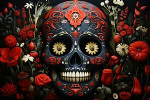ai generato dia de los muertos tradizionale Calavera zucchero cranio decorato con fiori il giorno di il morto foto